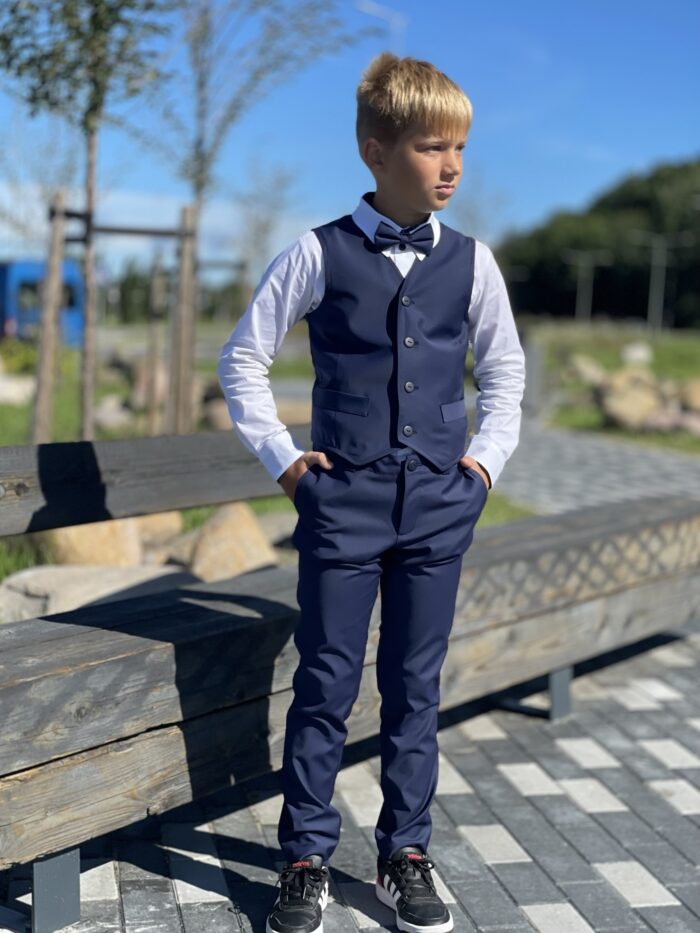 Navy Blue Vest And Trousers With Virgin Wool - Image 2