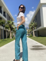 Wide Leg Trousers Greenish Blue, 100% Linen - Image 2