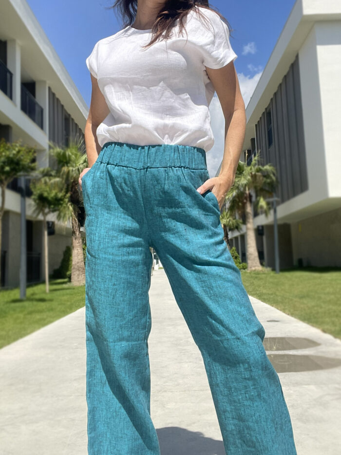 Wide Leg Trousers Greenish Blue, 100% Linen - Image 3