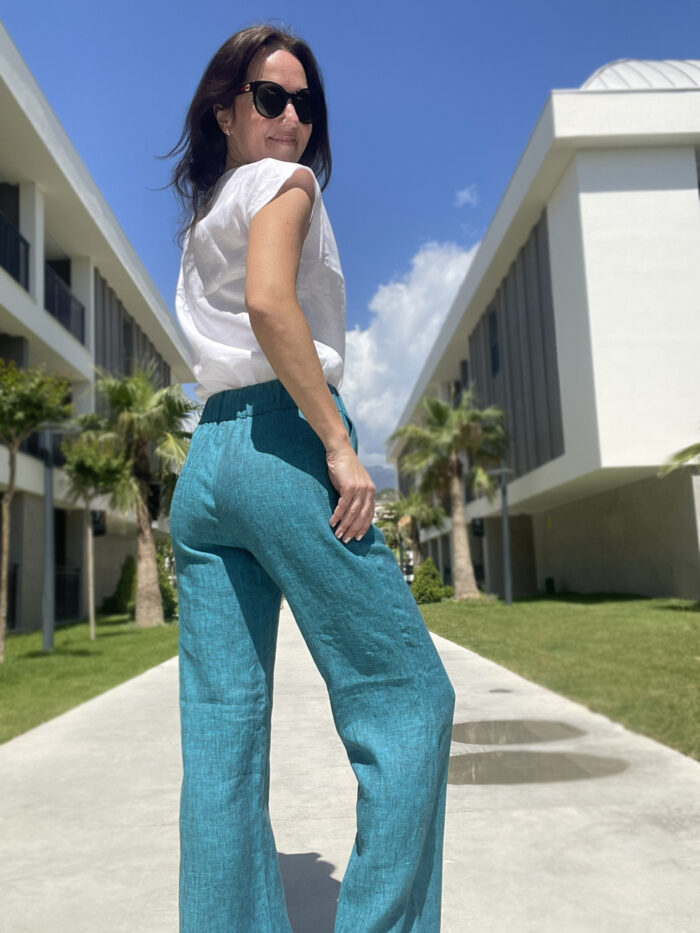 Wide Leg Trousers Greenish Blue, 100% Linen - Image 4