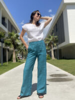 Wide Leg Trousers Greenish Blue, 100% Linen - Image 5