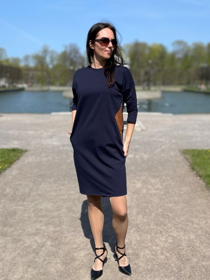 Navy Blue Dress With Leather Detail - Image 4