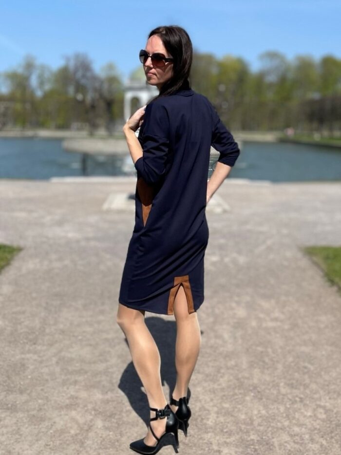 Navy Blue Dress With Leather Detail - Image 3