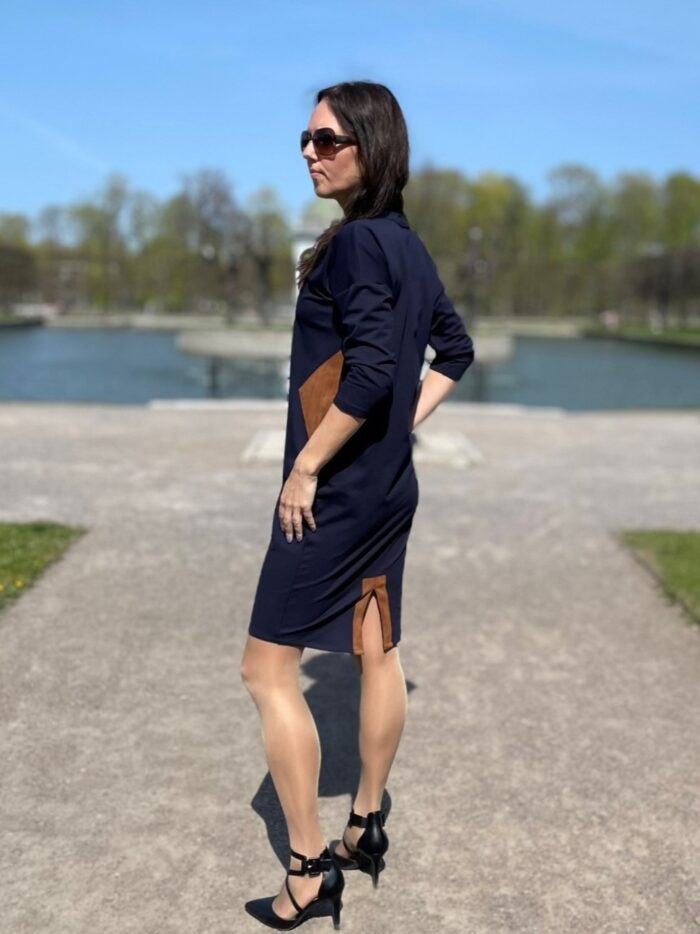 Navy Blue Dress With Leather Detail - Image 2