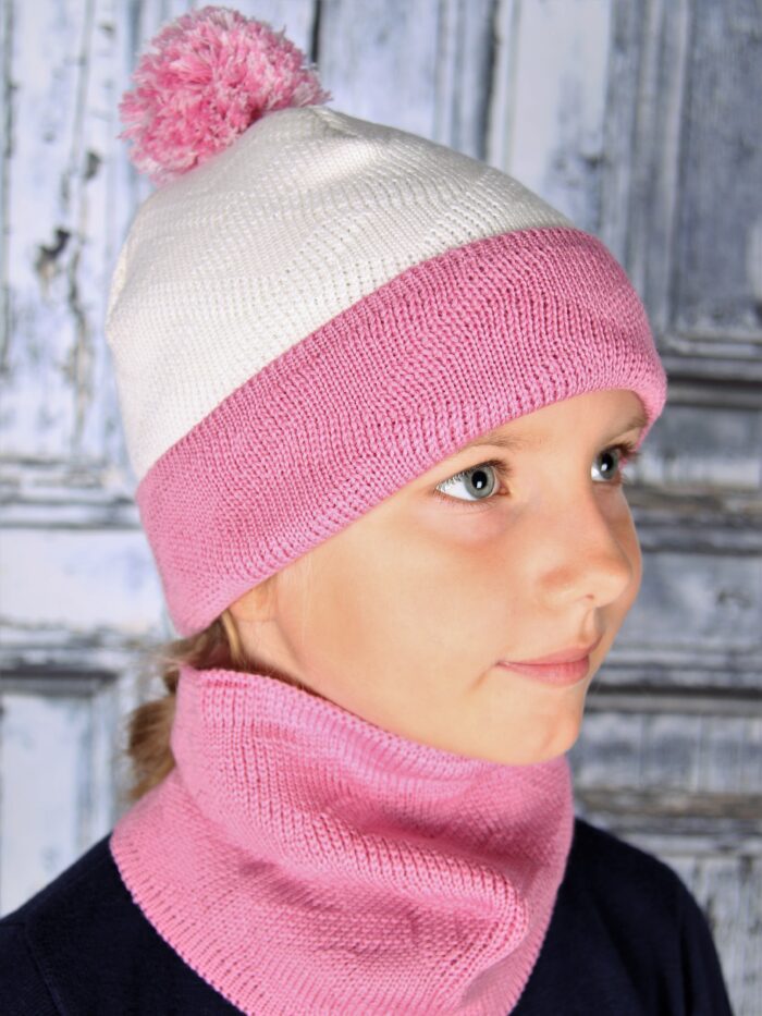 Roosa valge kirju müts, 100% MERIINOVILL Hat, 100% Merino Wool - Image 1