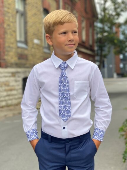 White shirt with blue details