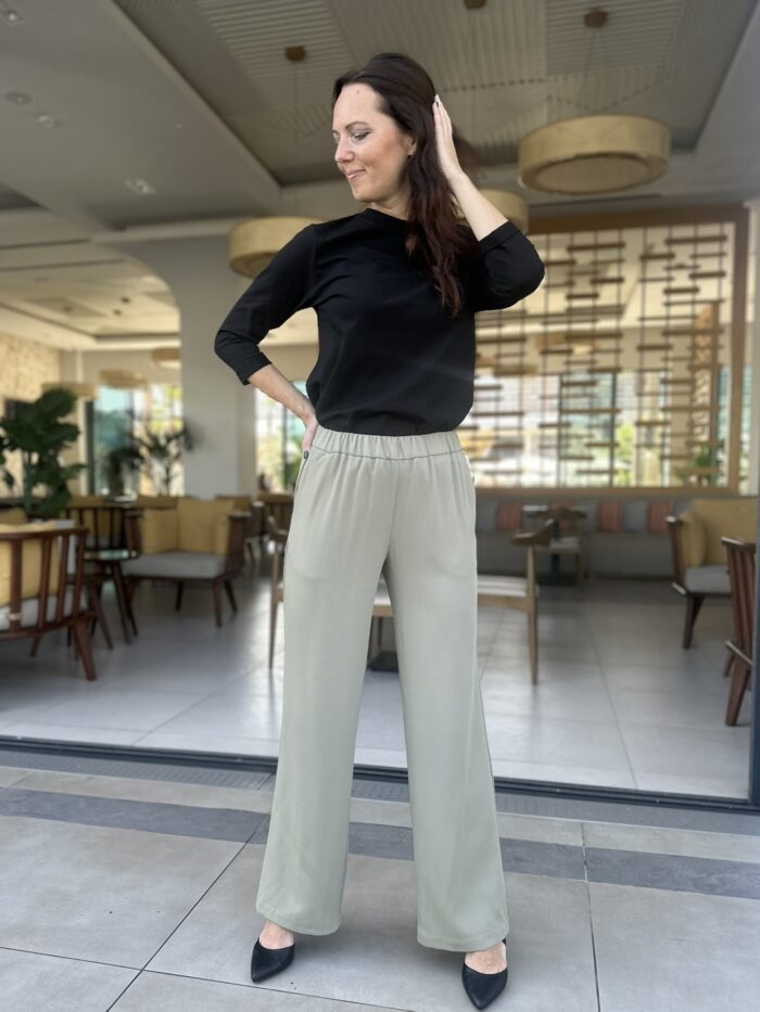 Helerohelised kreemikad püksid laia säärega, 100% peenvill - Image 3