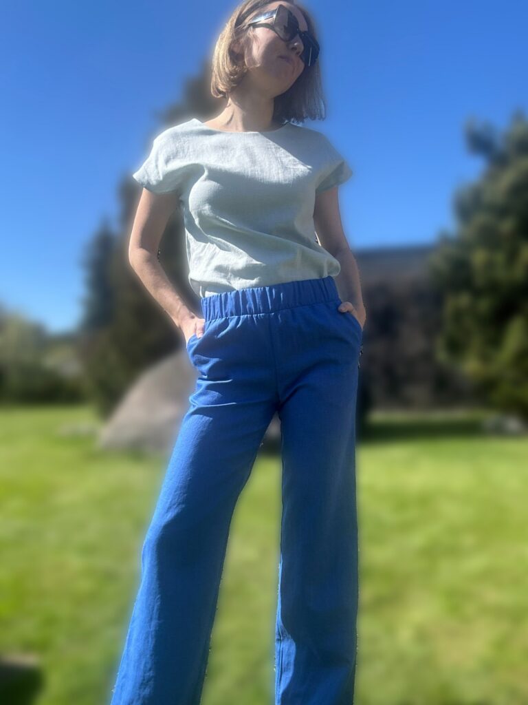 Wide Leg Linen Blue Trousers - Image 5