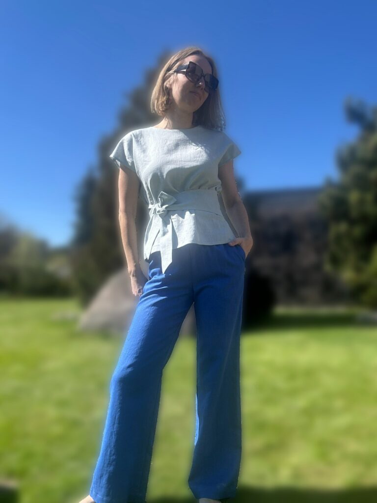 Wide Leg Linen Blue Trousers