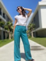 Wide Leg Trousers Greenish Blue, 100% Linen