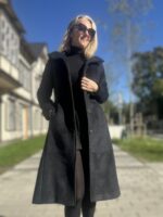 Bluish-Black Winter Coat with Virgin Wool and Mohair (with Padding and Detachable Hood)