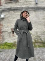 Rohekas talvemantel Trench peenvilla ja mohääriga (vatiini ja eemaldatava kapuutsiga)