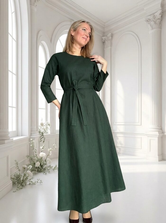 Green Linen Maxi Dress With Sleeves - Image 4
