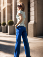 Wide Leg Linen Blue Trousers