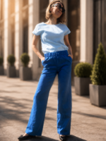 Wide Leg Linen Blue Trousers - Image 3