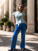 Wide Leg Linen Blue Trousers - Image 2