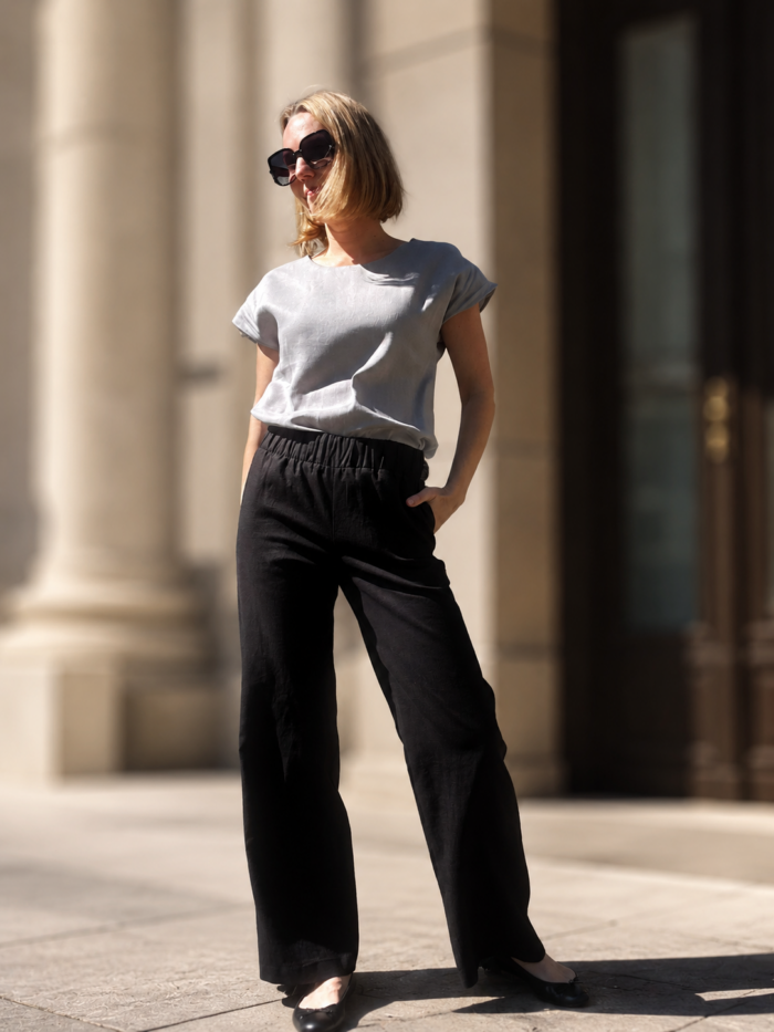 Wide Leg Linen Black Trousers - Image 2