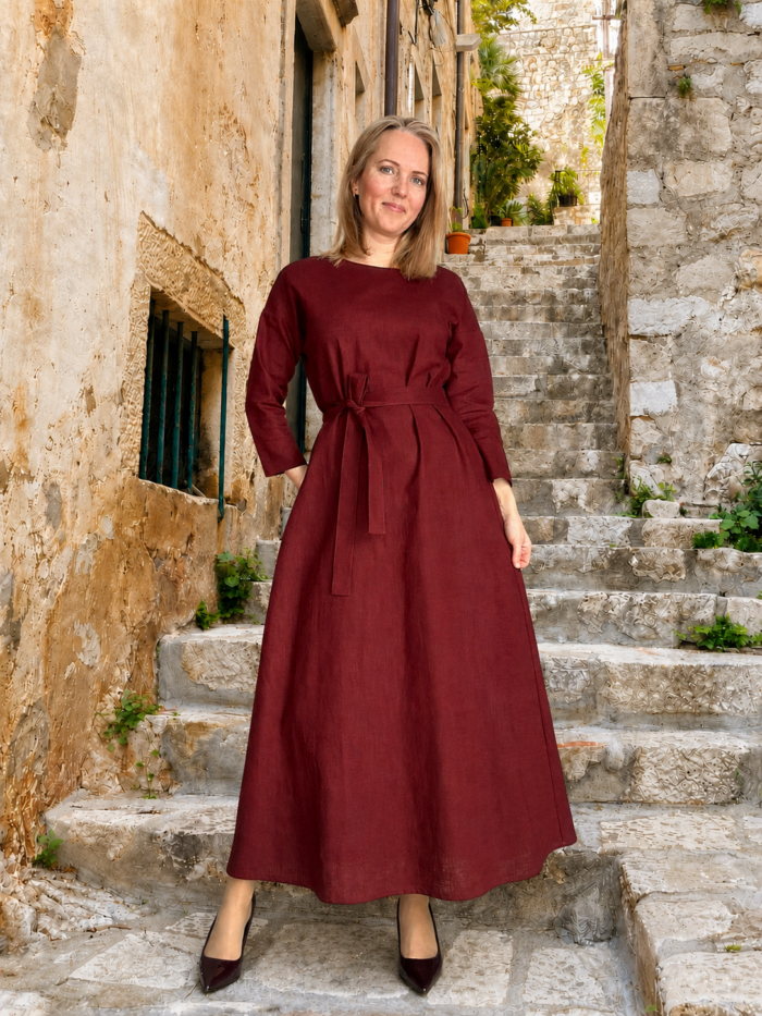 Burgundy Linen Maxi Dress With Sleeves - Image 3