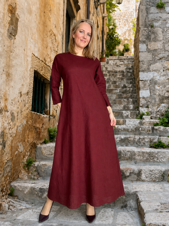 Burgundy Linen Maxi Dress With Sleeves - Image 2
