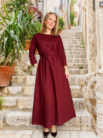 Burgundy Linen Maxi Dress With Sleeves
