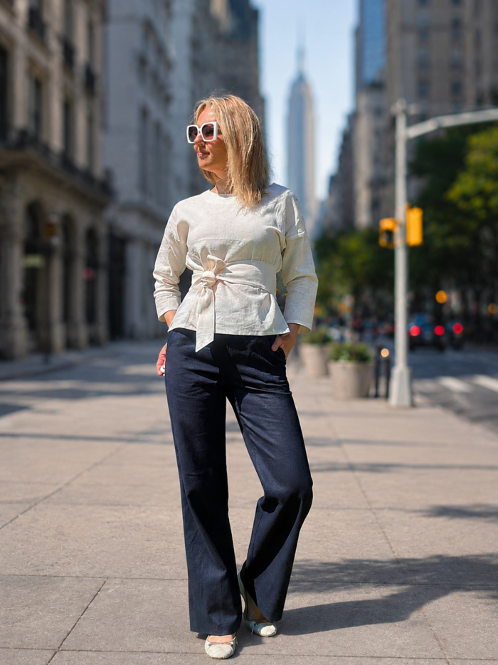 Navy Blue Elegant Linen Trousers - Image 2